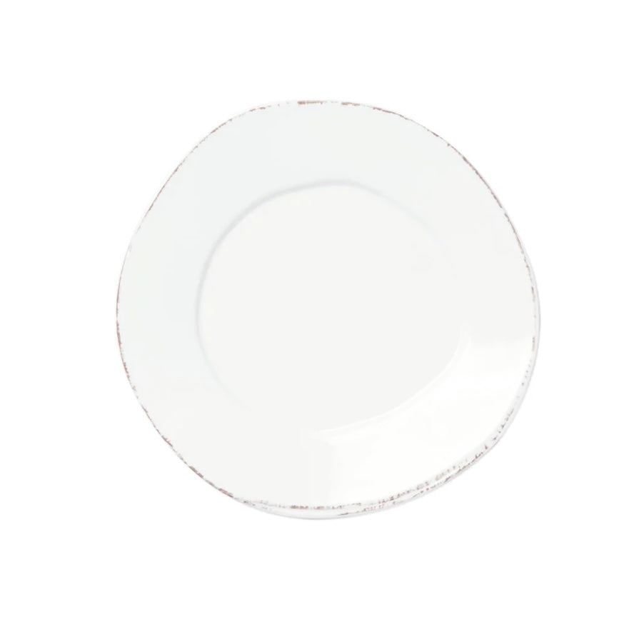 Vietri white, round melamine salad plate with a glossy finish.