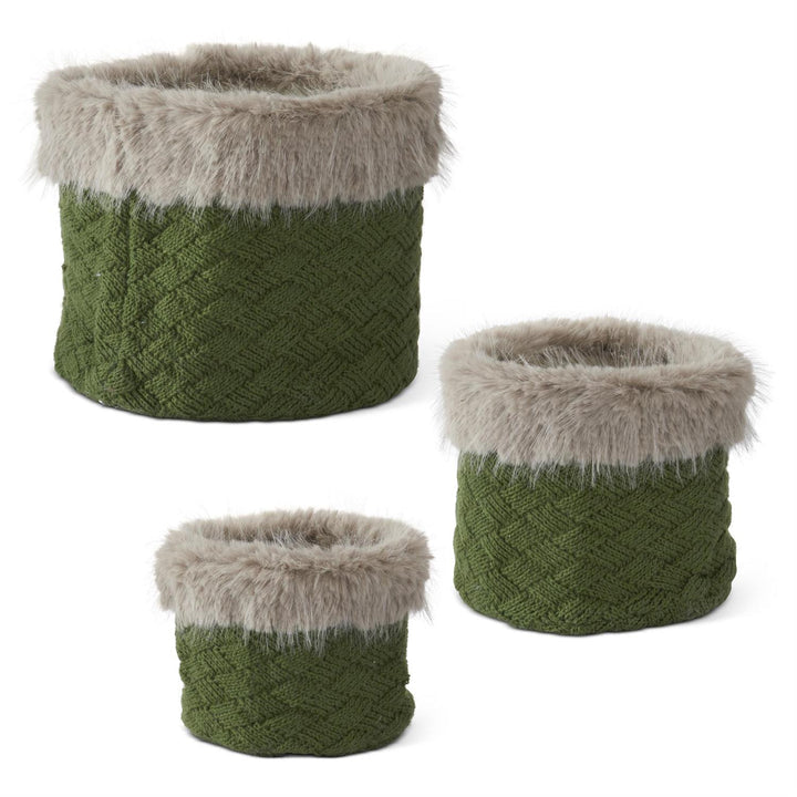 Fur Trimmed Dark Green Nesting Basket SMALL
