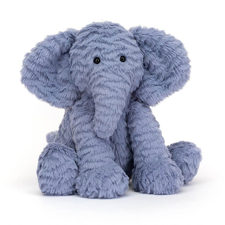 A soft blue Jellycat Fuddlewuddle Elephant plush toy with a long trunk.