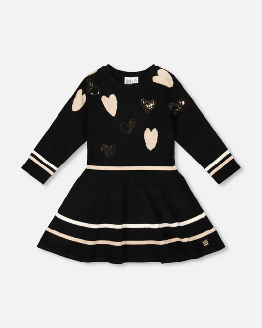 Deux Par Deux Knit Dress Black With Glittery Heart Motifs Size 6
