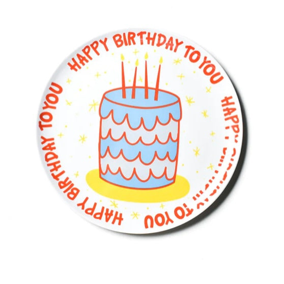 A round white melamine plate with a blue birthday cake illustration and text that reads 'Happy Birthday to You'.