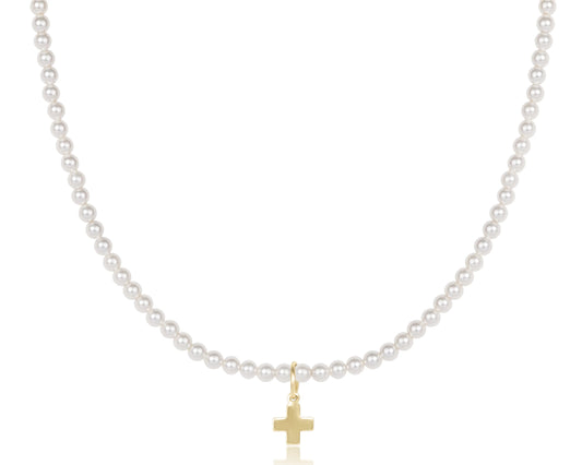 eNewton 15" Classic Pearl 3mm Signature Gold Cross Charm Necklace