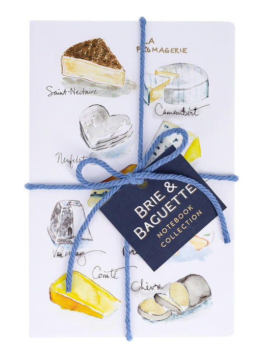 Brie & Baguette notebook collection with illustrations of cheese and baguettes, tied with blue string.