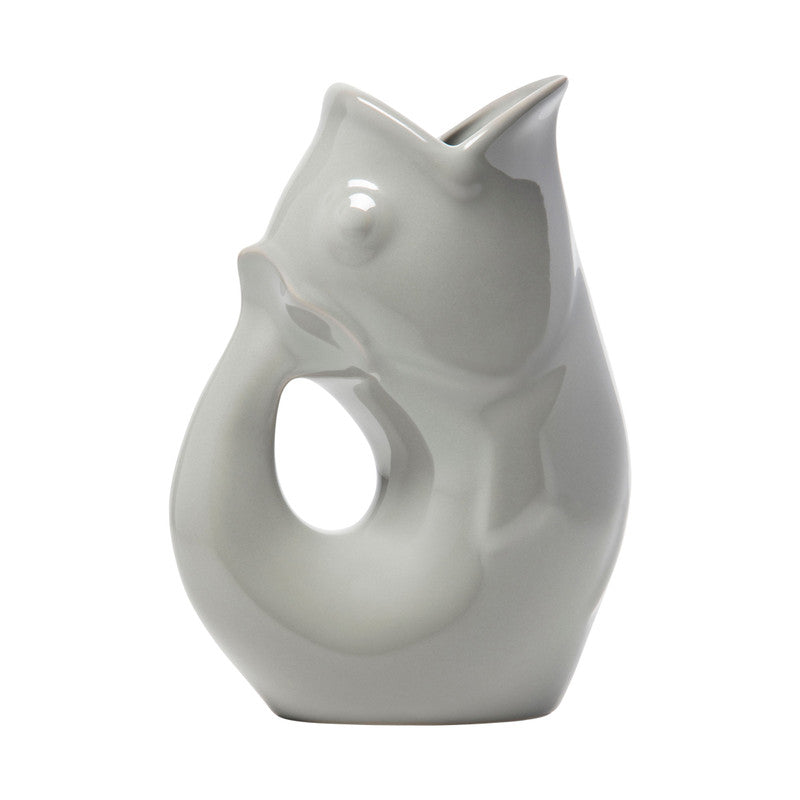 A large stone grey stoneware GurglePot pitcher designed with a whimsical shape, capable of producing a gurgling sound when used.