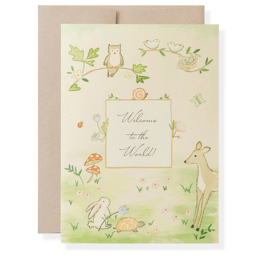 Greeting card with forest animals and 'Welcome to the World!' text on a light green background.
