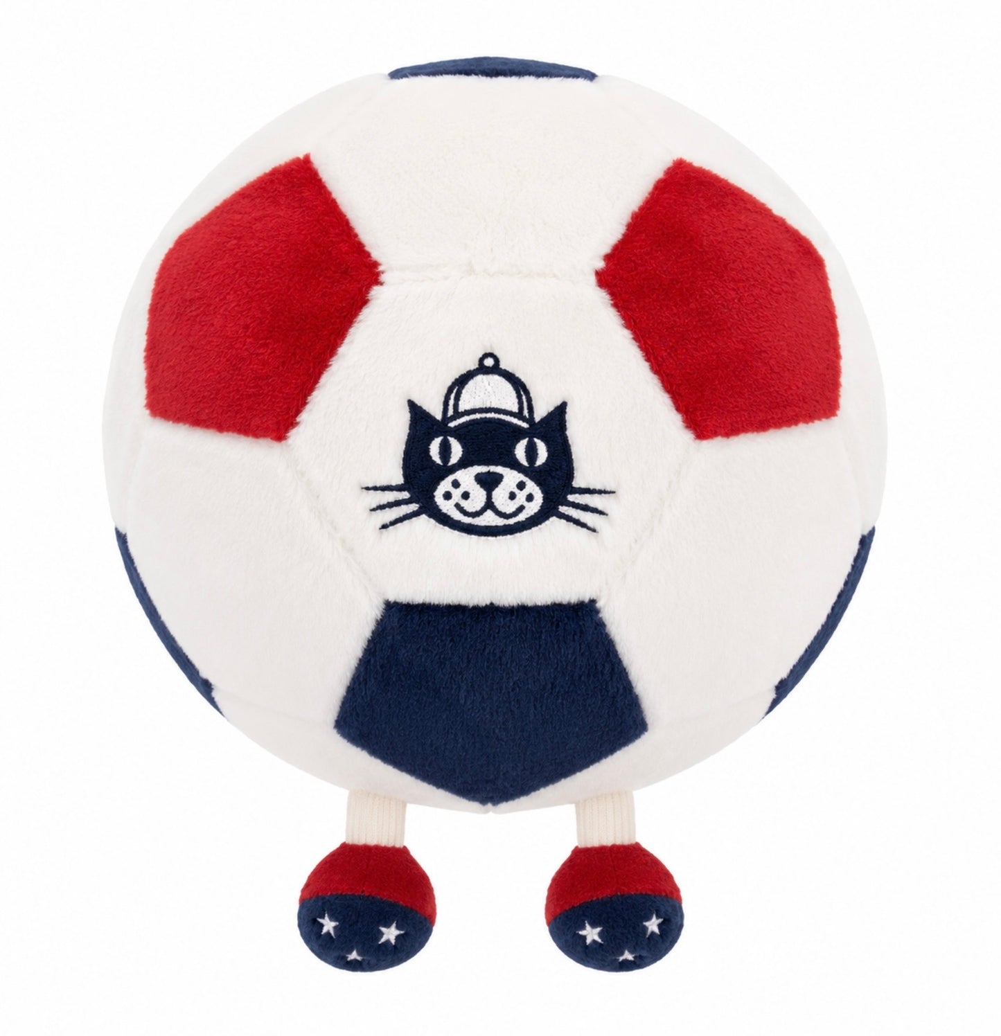Plush soccer ball toy with a cat face design on a white background