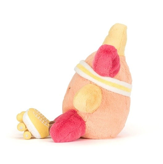 Toy resembling a stylized human figure with pink feet and yellow legs on a white background