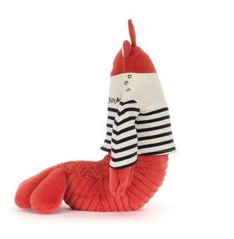 Plush toy lobster with a striped shirt on a white background