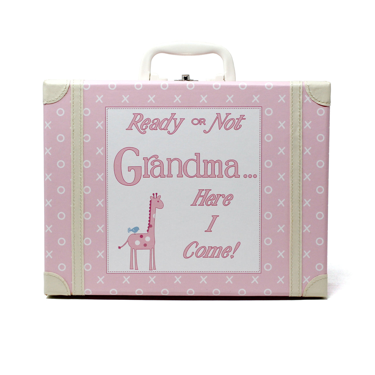 A pink suitcase with a giraffe design and text 'Ready or Not Grandma... Here I Come!' on the front.