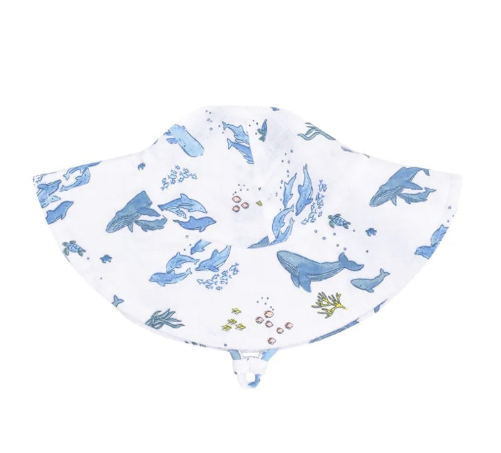 Angel Dear Watercolor Blue Whales Wide Brim Sunhat 6-12m