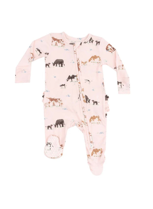 Angel Dear Cow Families Pink 2 Way Zipper Ruffle Back Footie 6-9m