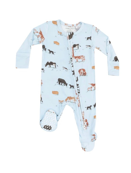 Angel Dear Cow Families Blue 2 Way Zipper Footie 0-3m