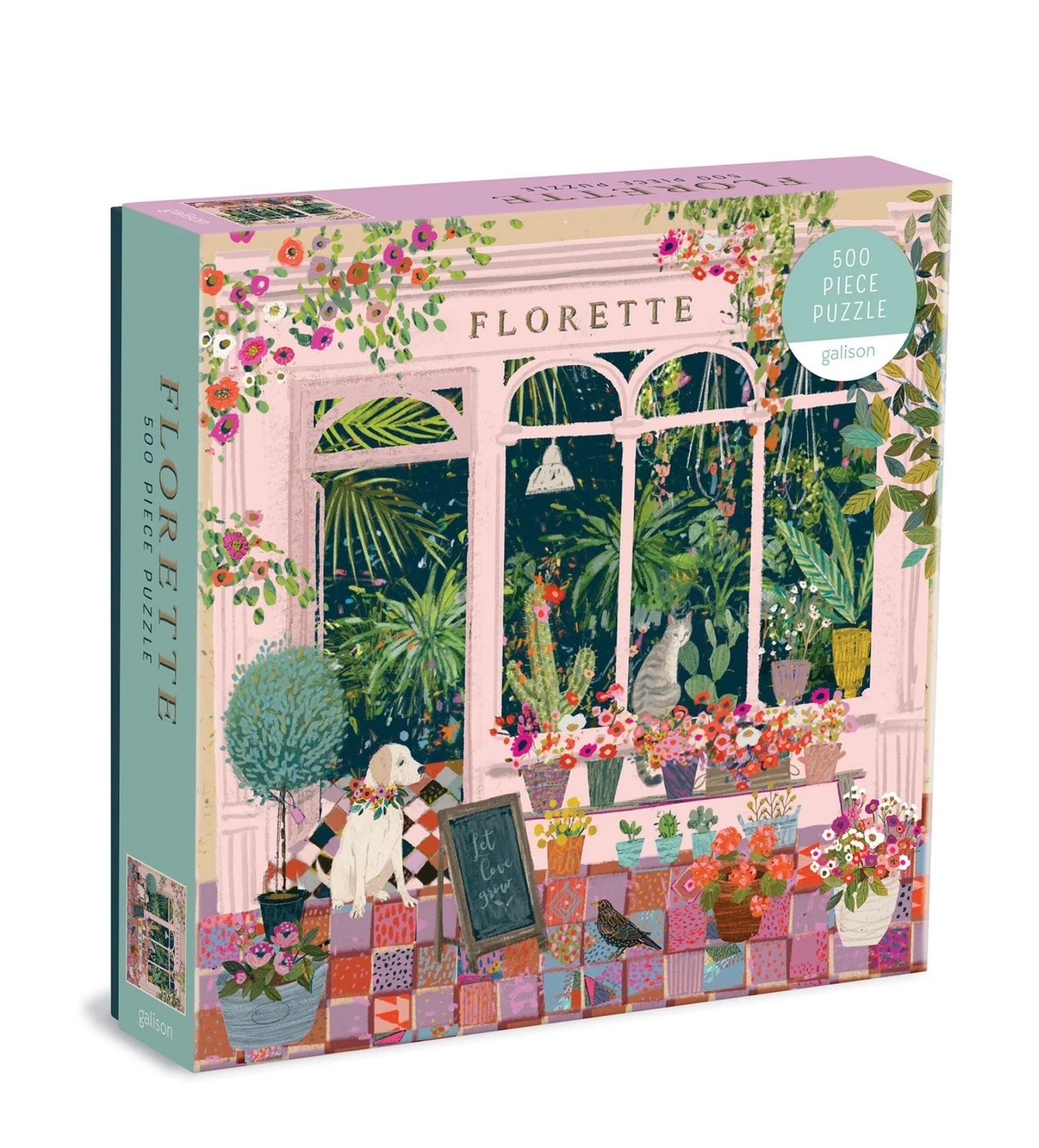 Jigsaw puzzle box with a colorful design of a greenhouse filled with plants and a dog, featuring the brand 'Florette'.