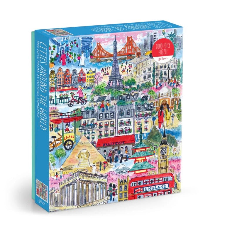 Jigsaw puzzle box featuring illustrations of famous landmarks around the world.