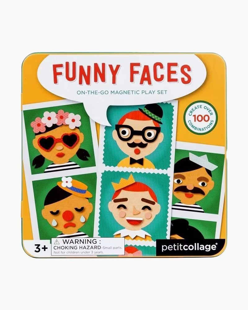 Packaging of 'Funny Faces' magnetic play set by Petit Collage with colorful illustrations on a white background.