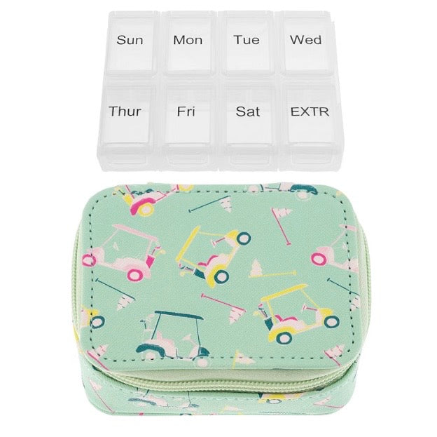 Golf pill box in zippered case