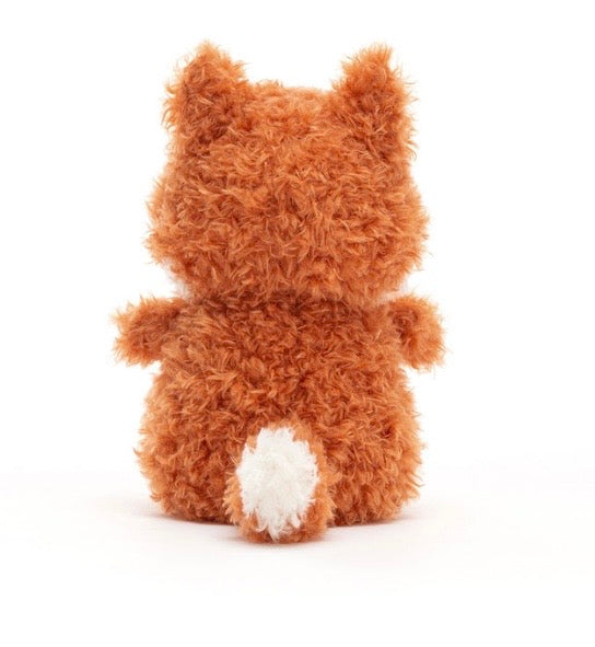A fluffy orange-brown teddy bear plush toy shown from the back, featuring a white tail, on a clean white background.