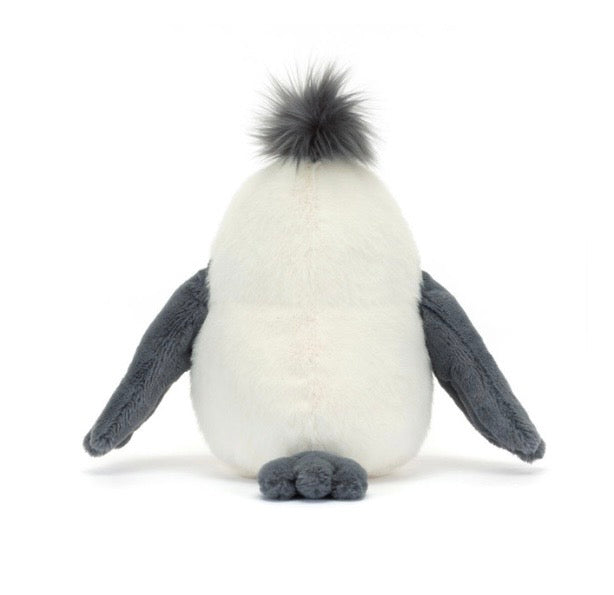 A plush penguin toy photographed from the back on a clean white background. The penguin has a white body, dark gray wings and feet, and a dark gray fluffy tuft on its head.