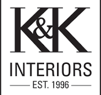 A black and white logo for K&K Interiors, featuring stylized 'K&K' lettering with an ampersand, the word 'INTERIORS', and 'EST. 1996' underneath available at The Little Exchange in Oakwood Ohio south of Dayton Ohio