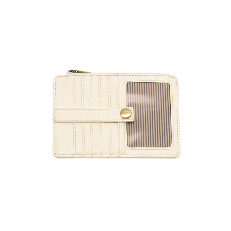 A white vegan leather mini travel wallet with a top zip closure, featuring card pockets, an ID window pocket, and an exterior passport pocket.