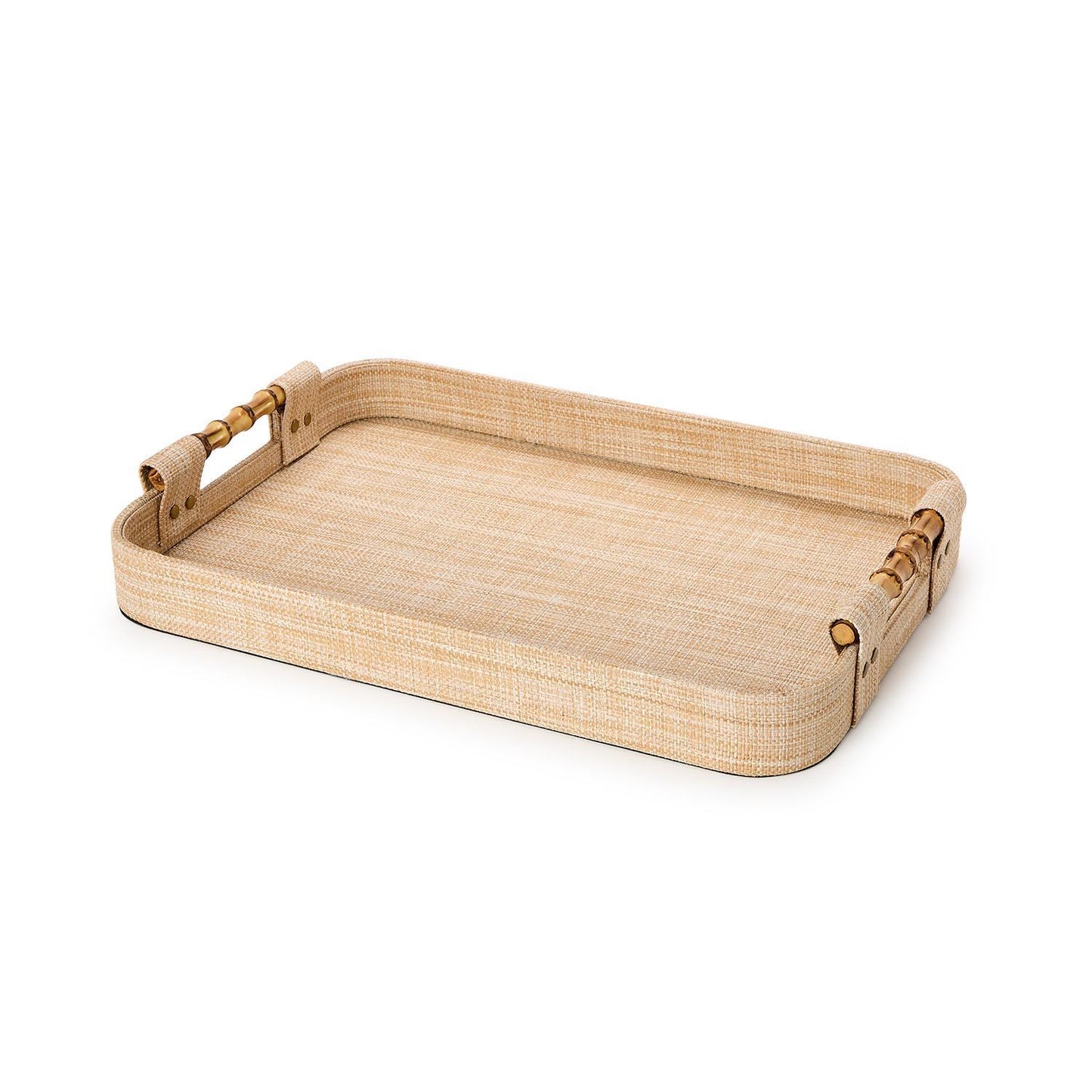 Beige woven tray with bamboo handles on a white background