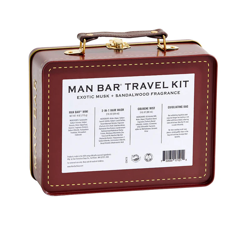 Man Bar travel kit with a brown leather suitcase-style box