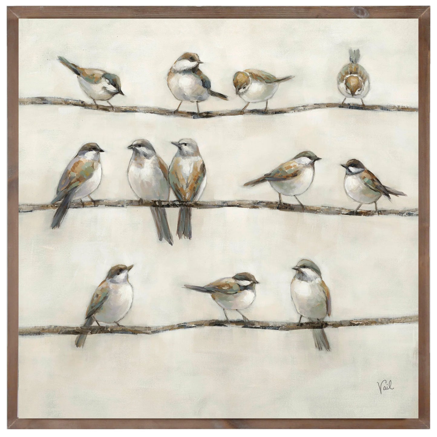 Art print of birds perched on wires with a wooden frame.