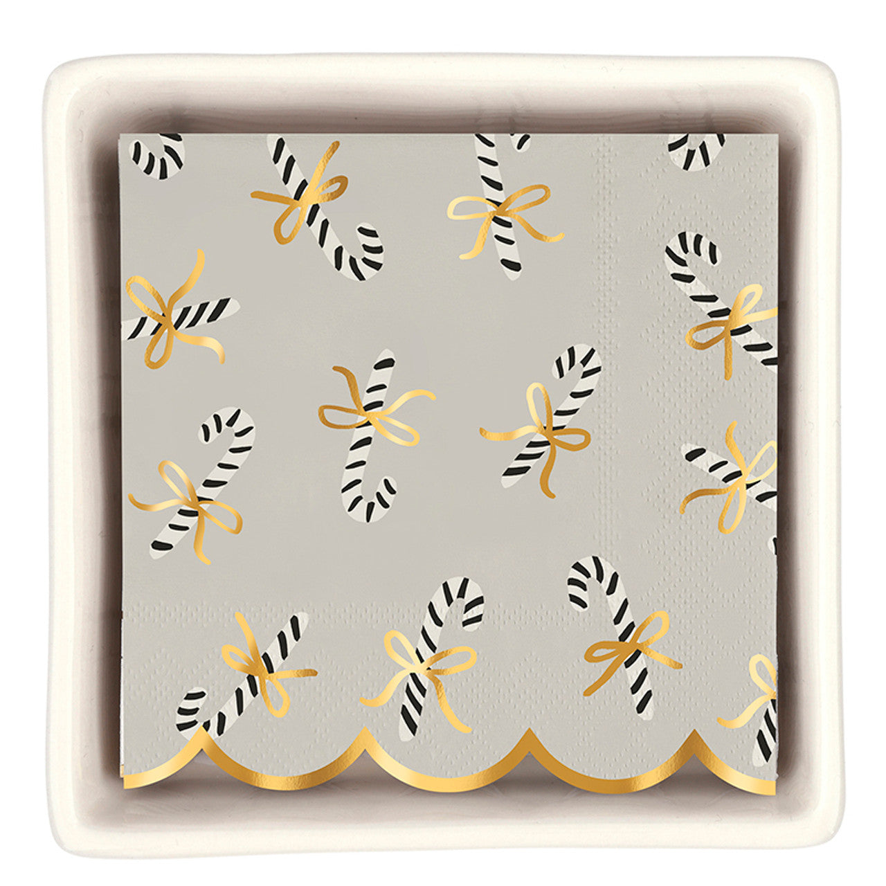 Candy Cane Napkins in Ceramic Tray