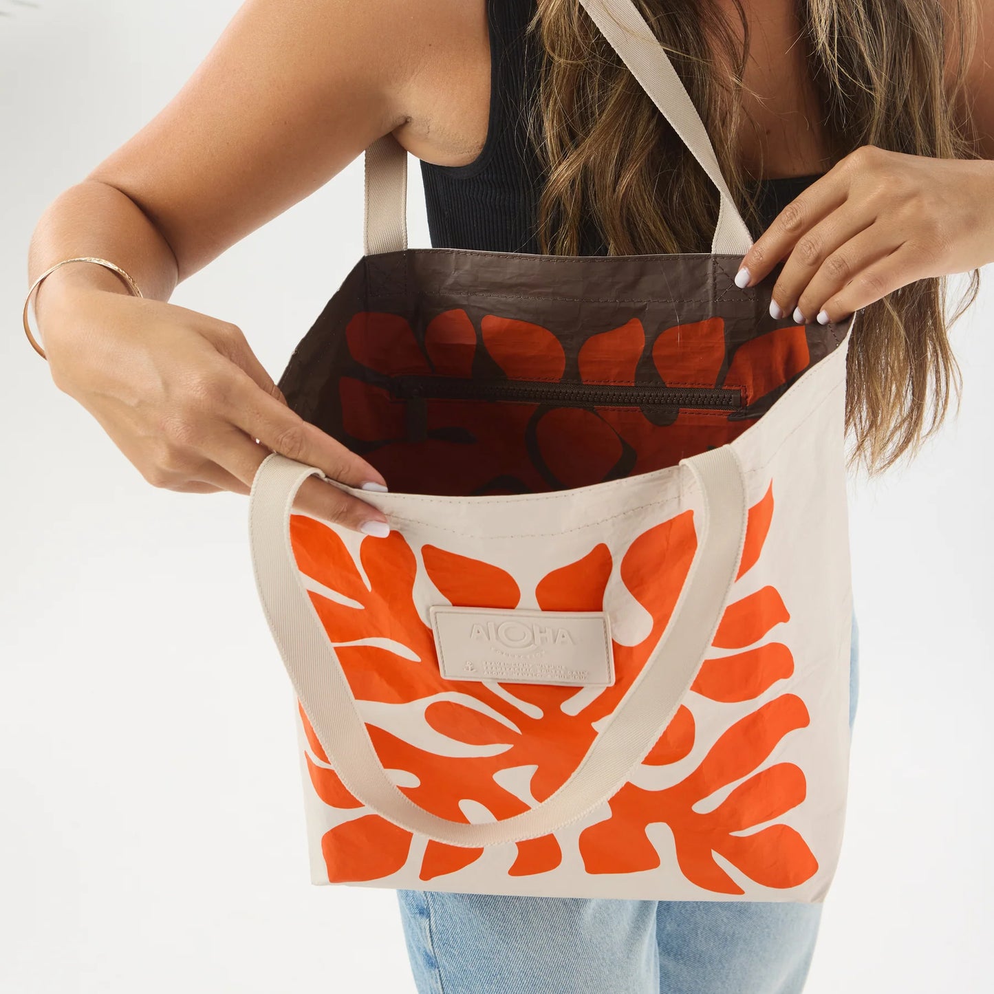 Aloha Collection Applique Reversible Tote Zest on Sandstone