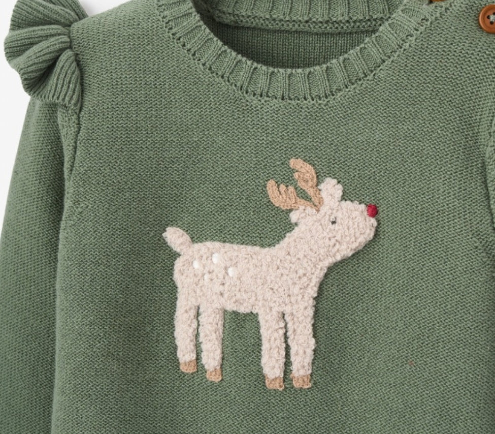 Elegant Baby Christmas Reindeer Sweater w/Plaid Skirt 9-12m