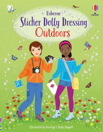 Usborne sticker dolly dressing outdoors book with a green cover and a picture of two children on the front standing by flowers holding a camera and binoculars