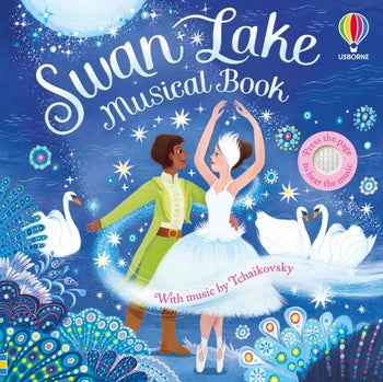 Usborne Swan Lake musical book with a blue cover and a couple dancing with swans and snowflakes