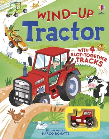 Usborne wind up tractor book cover with a field and a red tractor crossing a bridge with farm animals