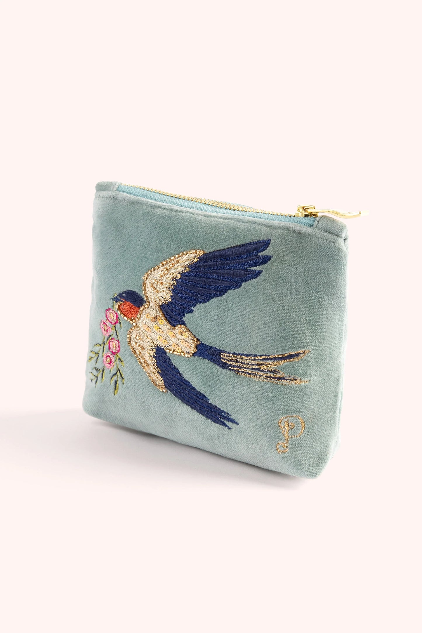 Embroidered Velvet Mini Pouch Swooping Swallows