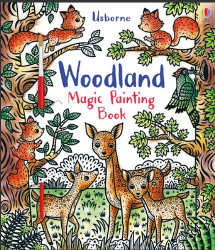 Front cover of the UIsborne Woodland Magic Painting book with a white background, hand drawn trees and wildlife animals.