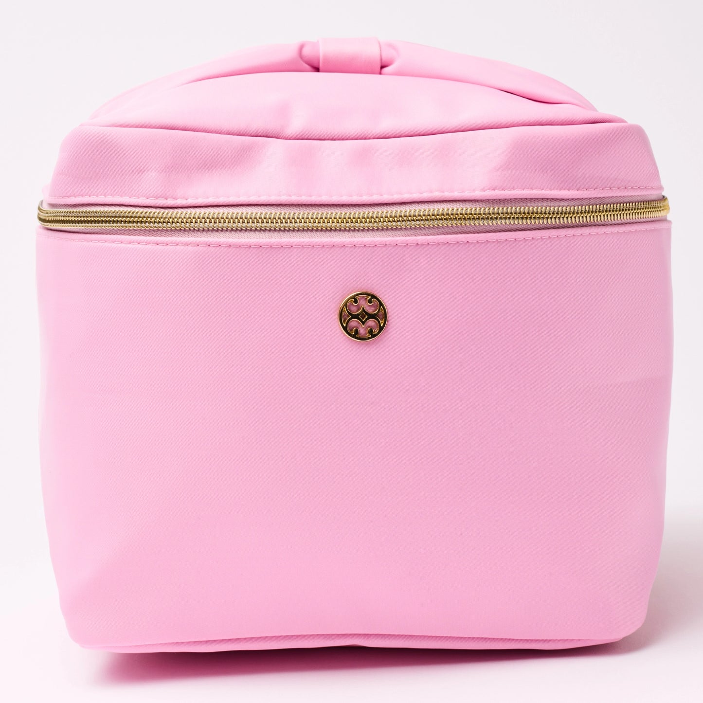 Pink square cosmetic bag with gold zipper