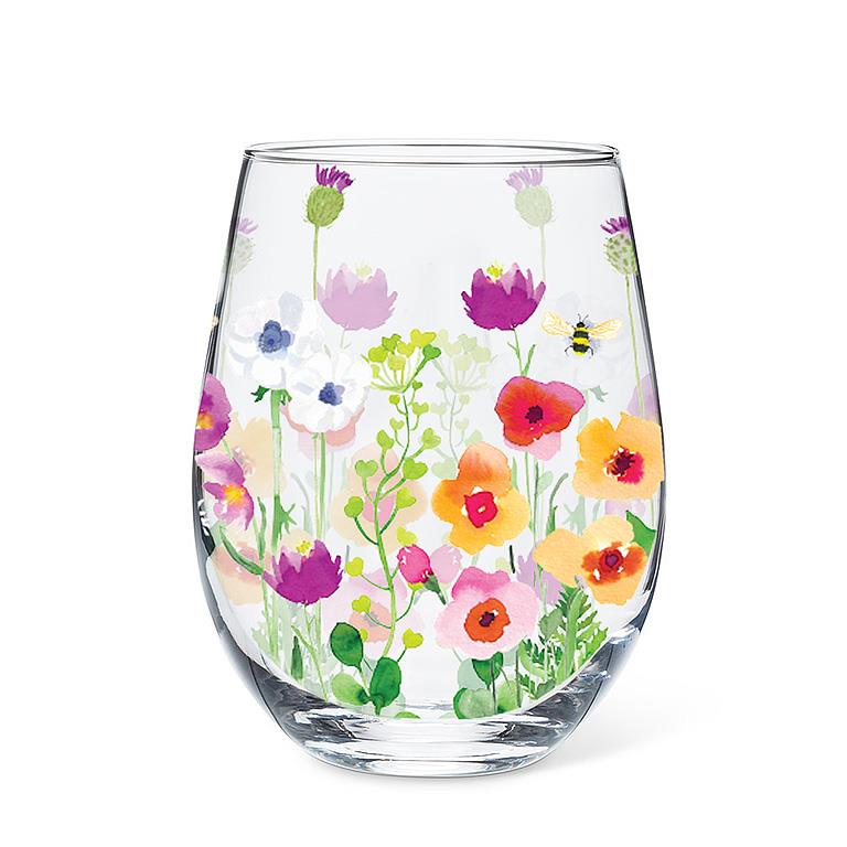 Stemless wine glass with colorful floral design