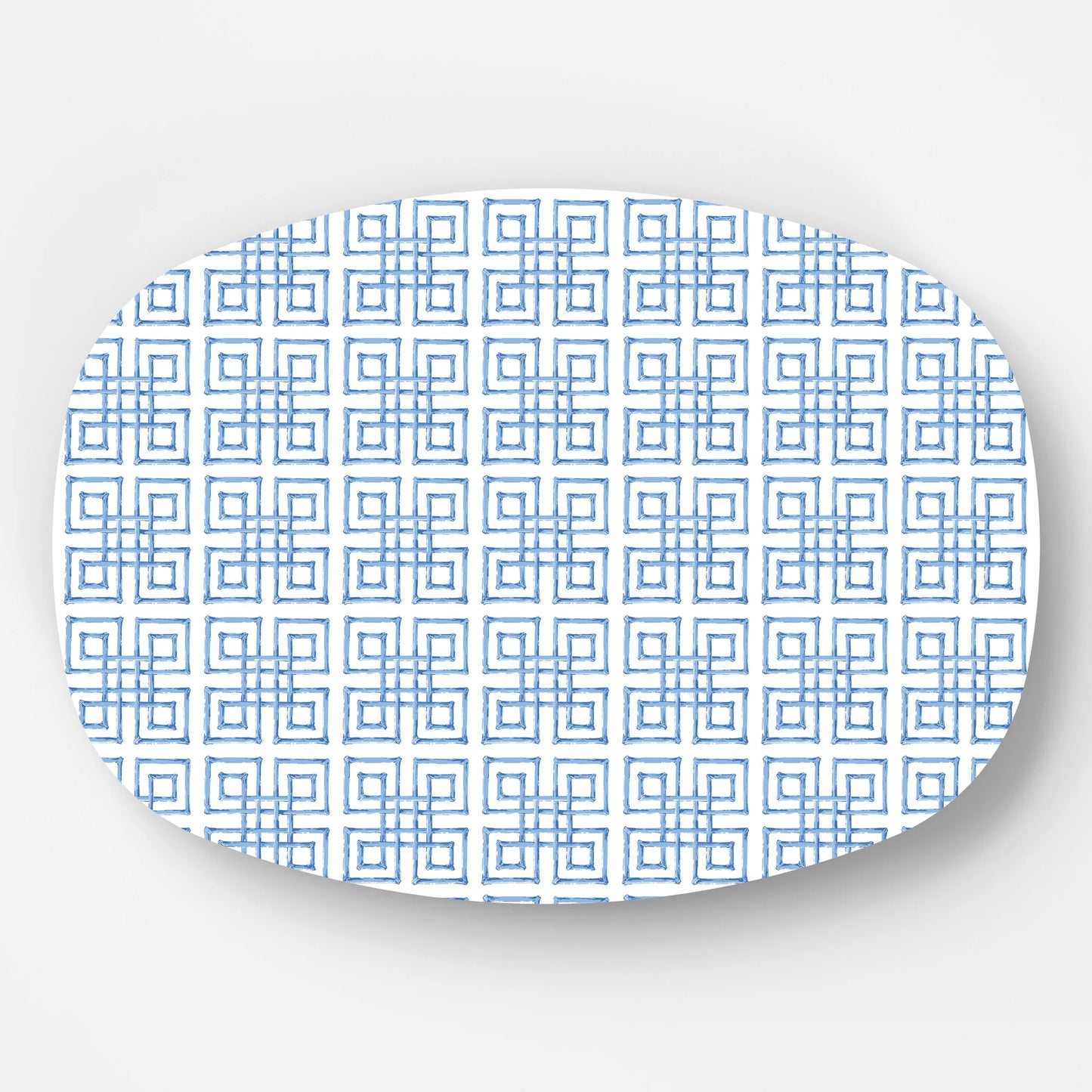 Patterned melamine serving platter with blue geometric design