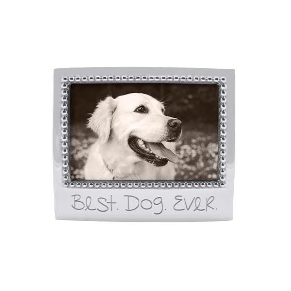 Silver frame with a beaded border and 'Best Dog Ever' text containing a black and white photo of a dog.