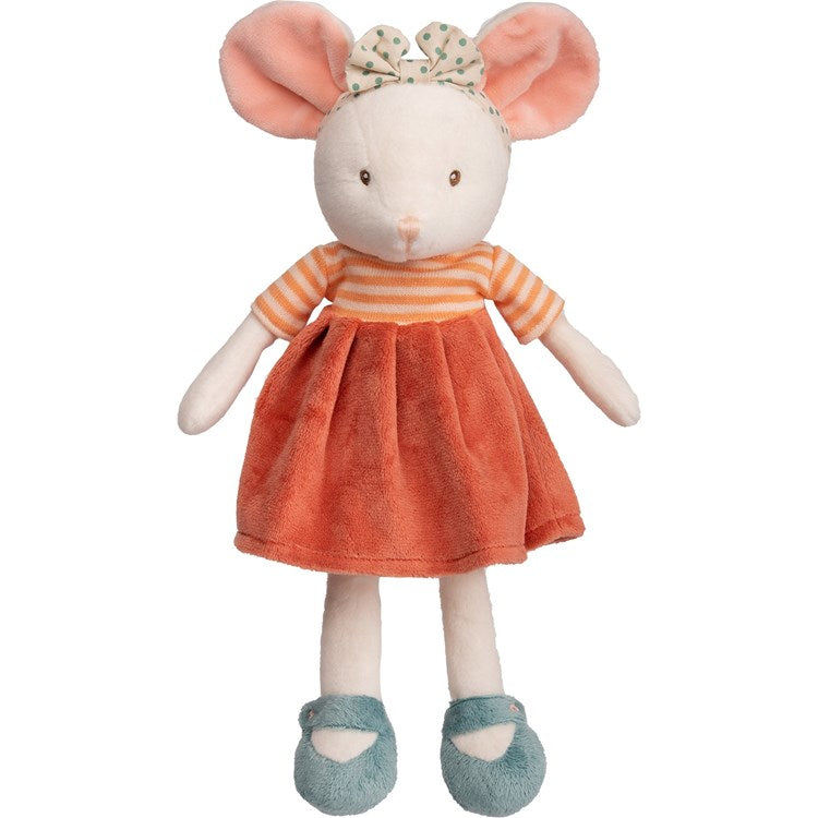 Stuffed mouse toy wearing an orange dress and bow on a white background