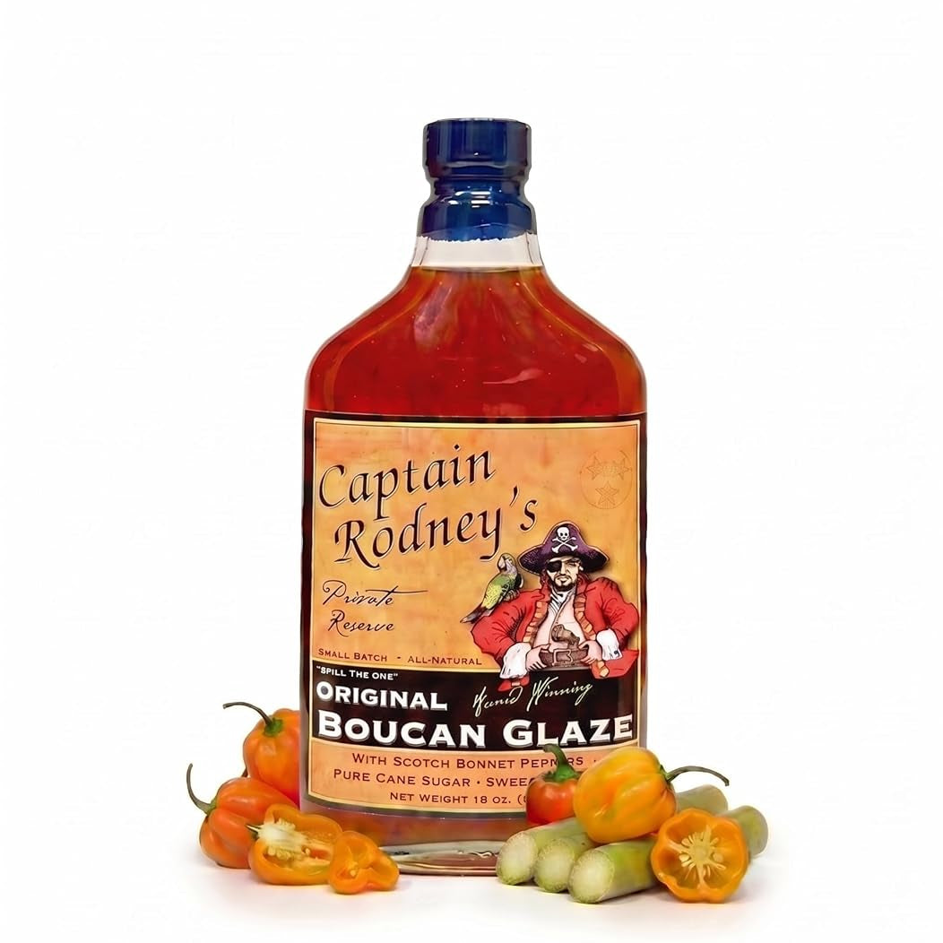 A bottle of Captain odney's original Boucan Glaze with a label featuring a pirate.