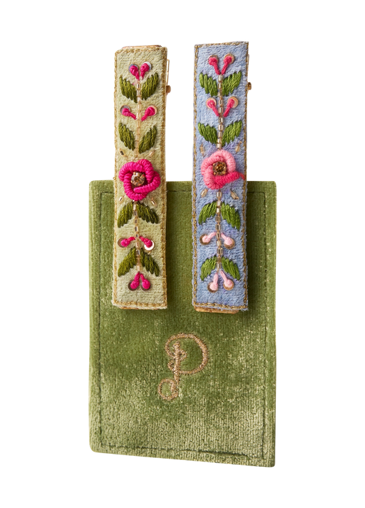 Embroidered Hair Bars- Mint/Cornflower Floral Vines