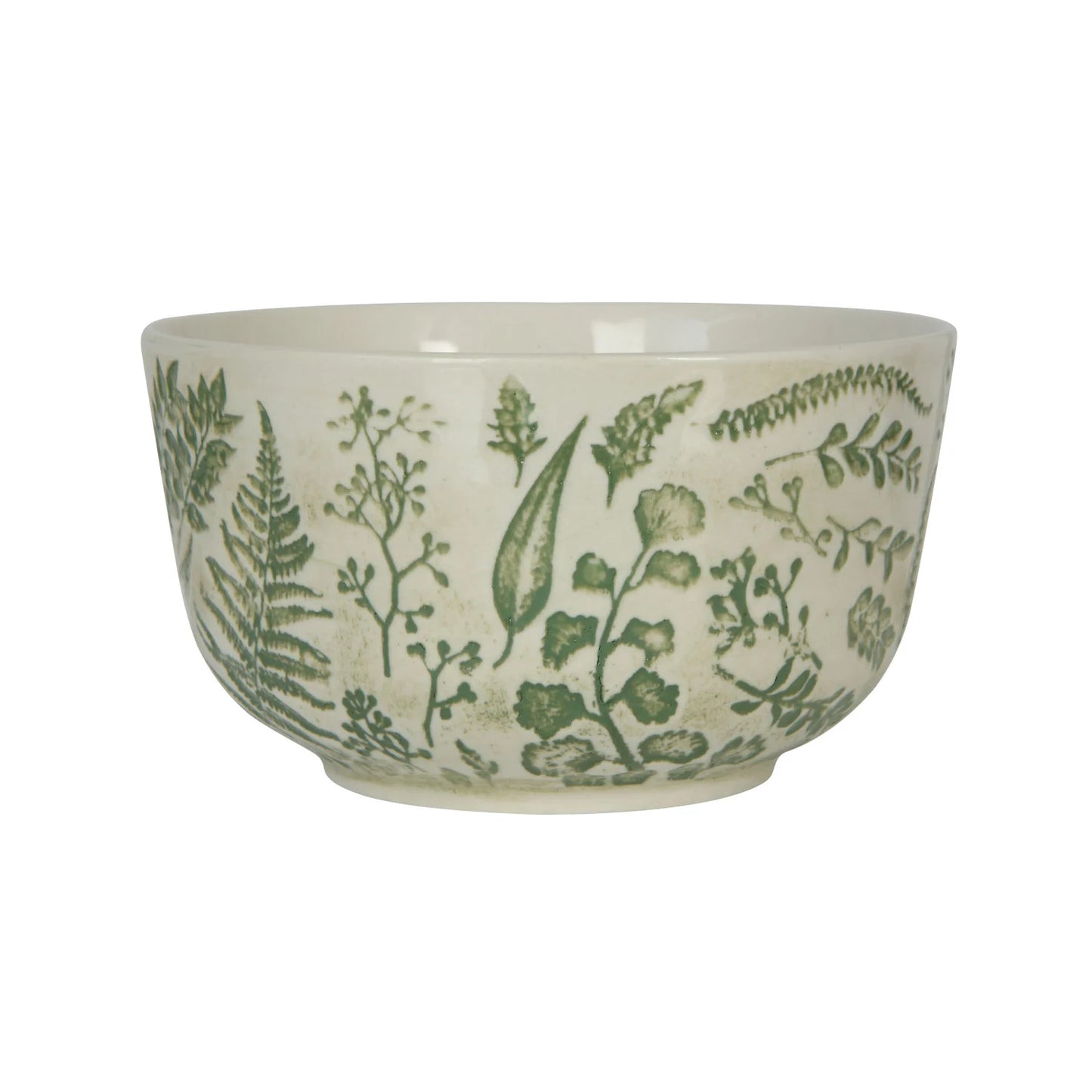 cream stoneware bowl with a green botanical pattern