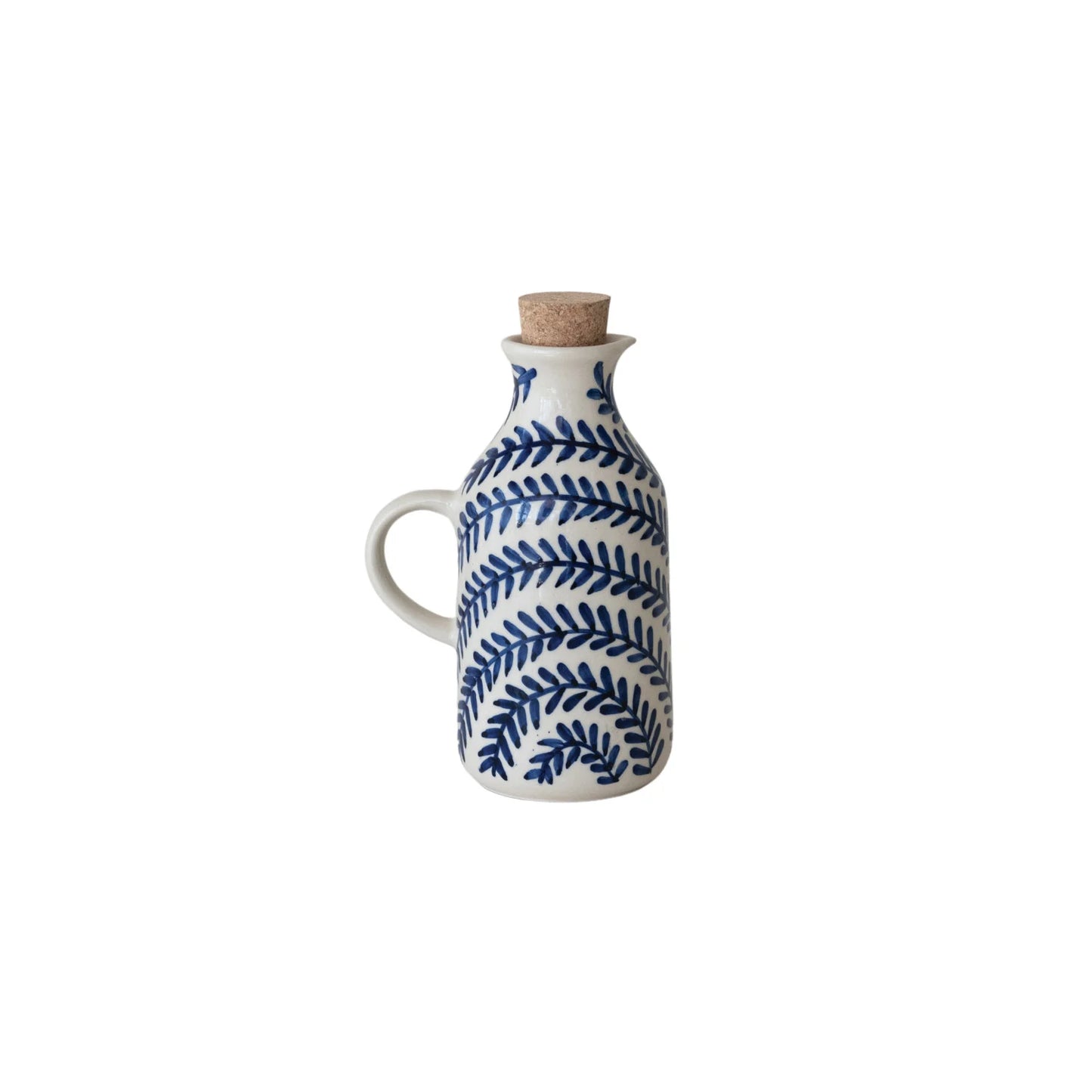 stoneware oil cruet with a blue leaf pattern