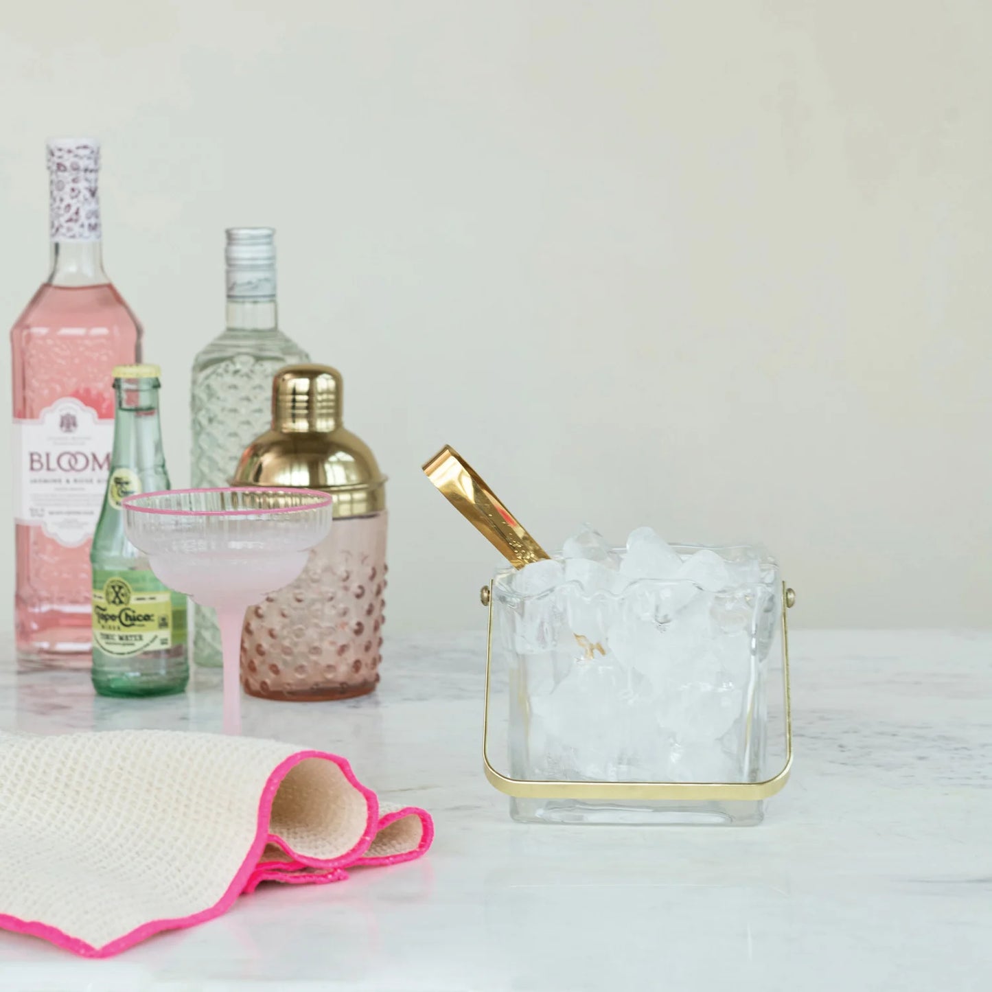 Hammered Glass Ice Bucket with Gold Tongs