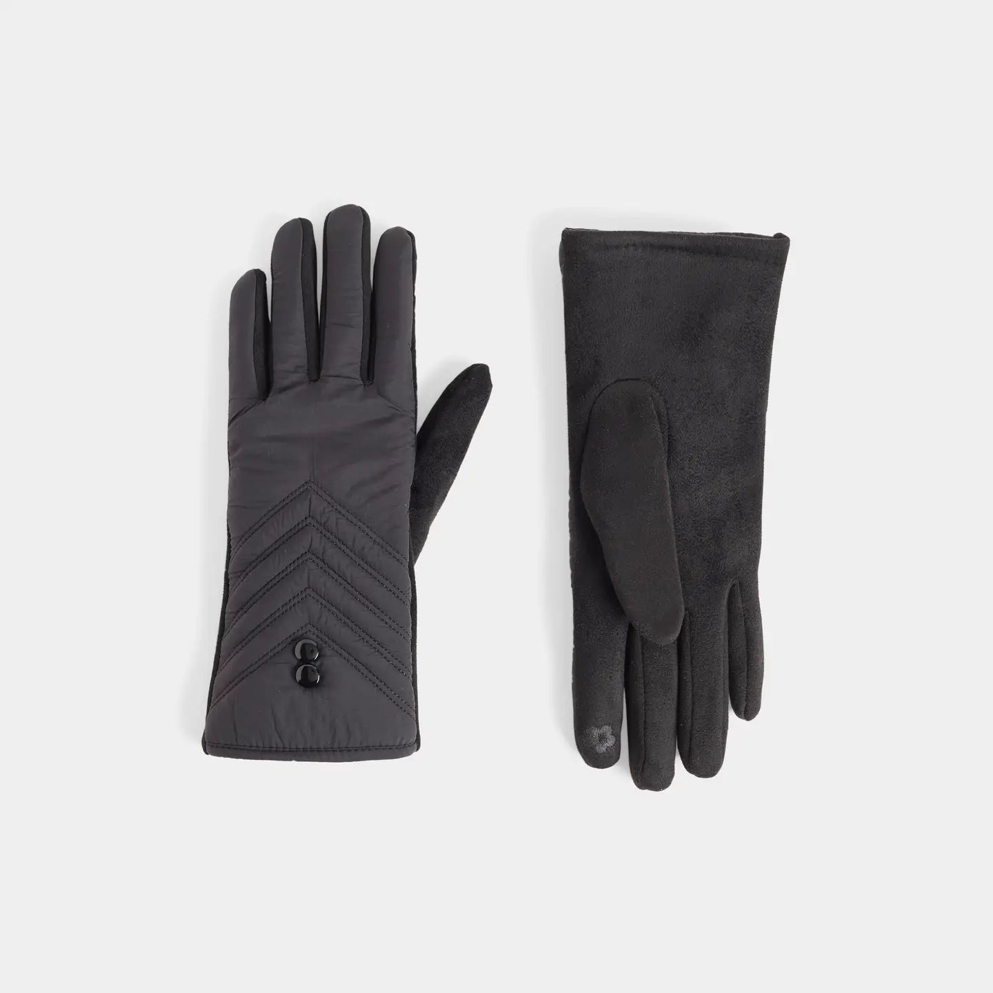 A pair of black gloves displaying quilted chevron stitching and 2 buttons near the cuff