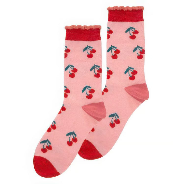 Pink socks with cherry pattern and red toes and cuffs