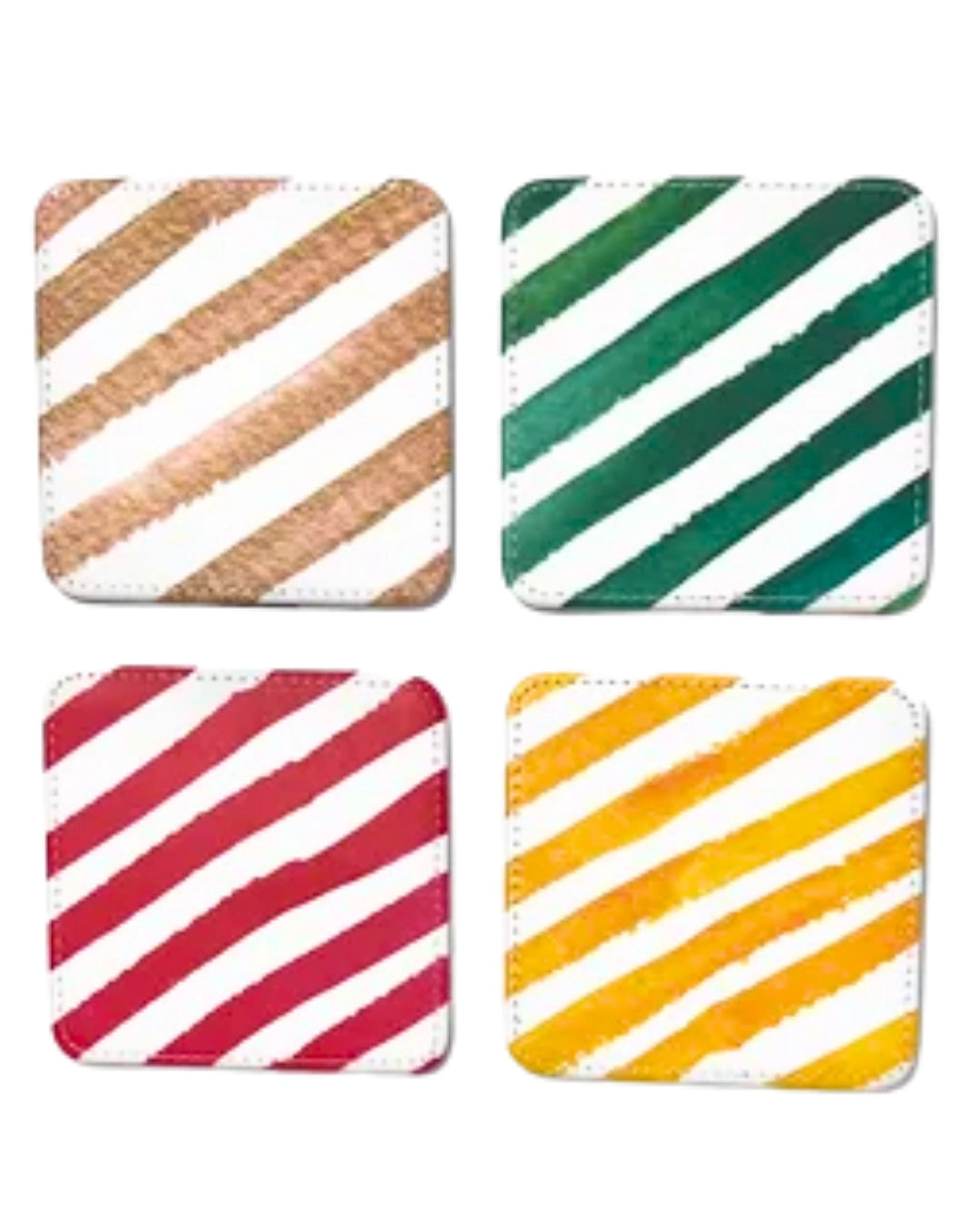 Four square coasters with diagonal striped patterns in brown, green, red, and yellow on a white background.