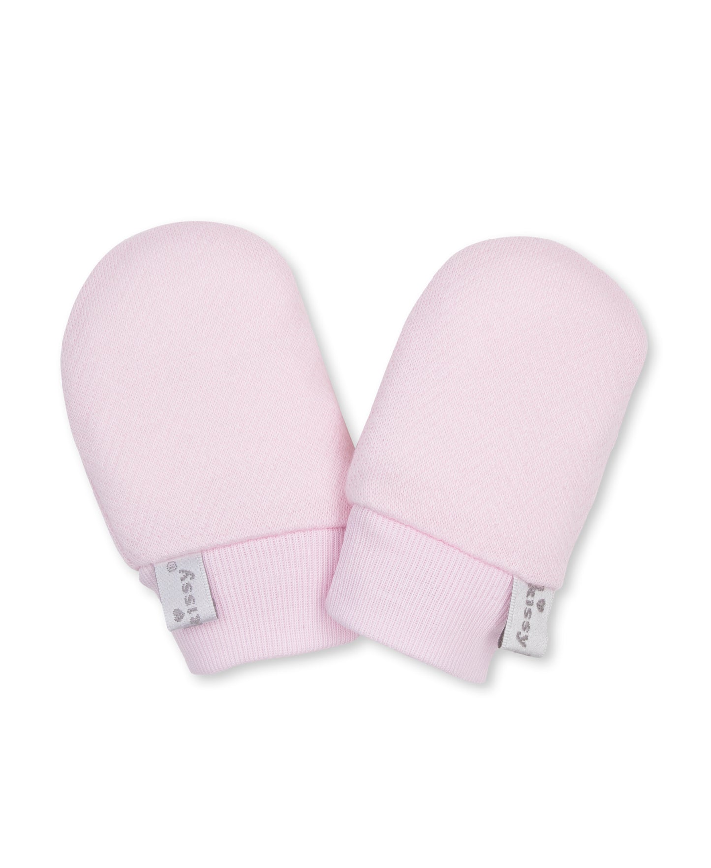 Pair of light pink jacquard baby mitts with a kissy kissy tag.
