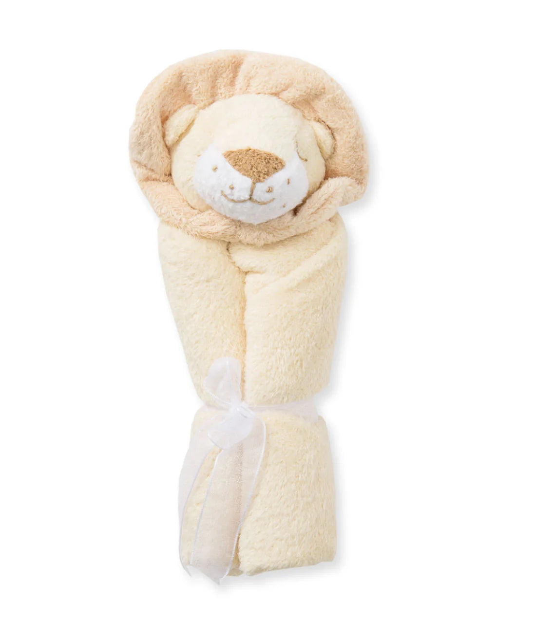A plush lion-shaped baby blankie in a soft cream color, tied with a sheer white ribbon at the bottom, shown on a plain white background.